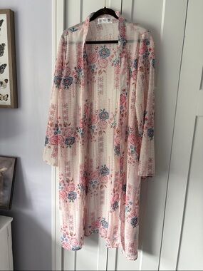 INKA Light Pink/off white Geometrical Floral Sheer Coverup Duster Kimono Robe 2X